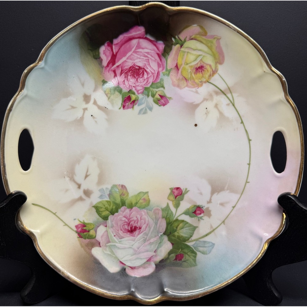 Vintage German Porcelain Handled Cake Plate Hand Painted Pink Roses Gold Trim - Picture 3 of 11